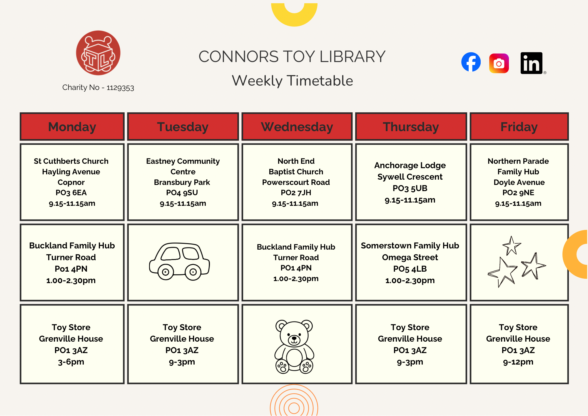 Connors Toy Library Weekly Timetable